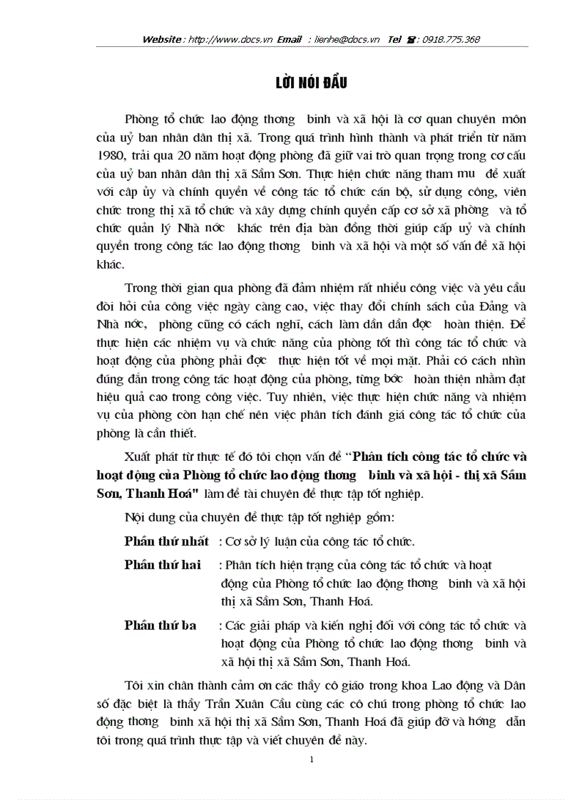 Phân tích công tác tổ chức và hoạt động của Phòng tổ chức lao động thương binh và xã hội thị xã Sầm Sơn Thanh Hoá