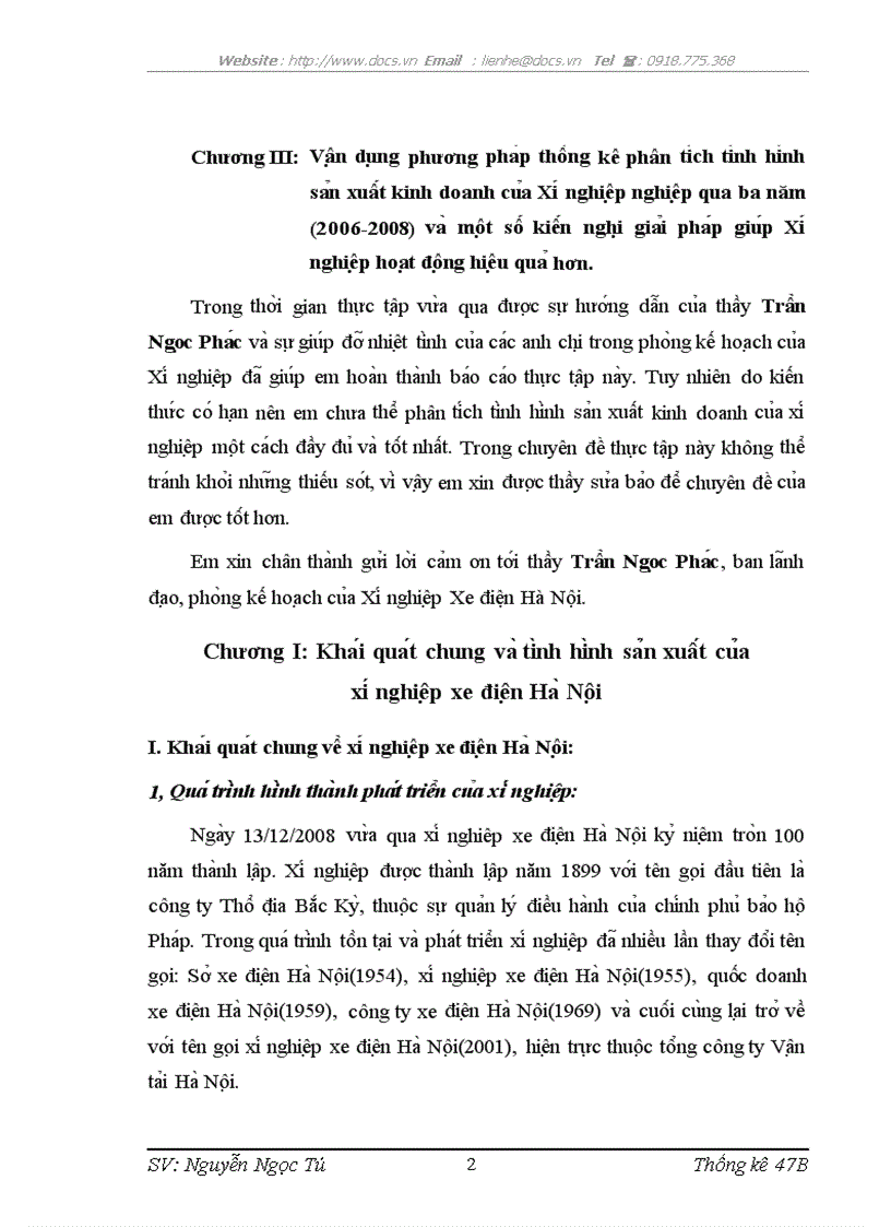 Nghiên cư u thô ng kê ti nh hi nh sa n xuâ t kinh doanh ta i Xi nghiê p xe điê n Ha Nô i qua ba năm 2006 2008