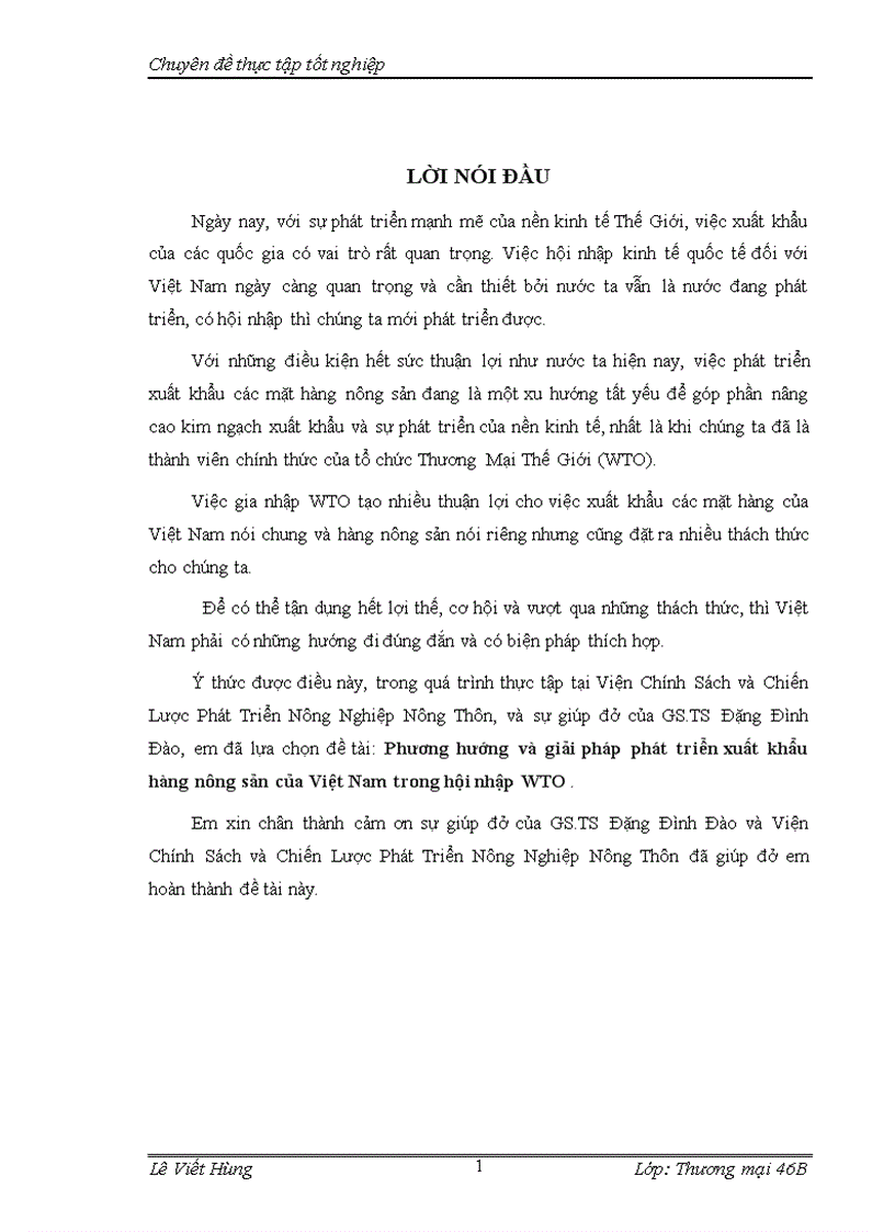 Phương hướng và giải pháp phát triển xuất khẩu hàng nông sản của Việt Nam trong hội nhập WTO
