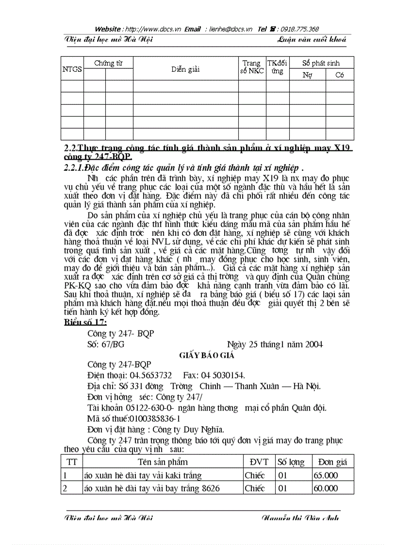 image for page Tổ chức công tác kế toán chi phí sản xuất và giá thành sản phẩm tại Xí nghiệp may X19 Công ty 247 BQP
