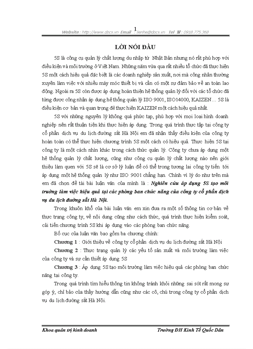 Nghiên cứu áp dụng 5S tạo môi truờng làm việc hiệu quả tại các phòng ban chức năng của công ty cổ phần dịch vụ du lịch đường sắt Hà Nội