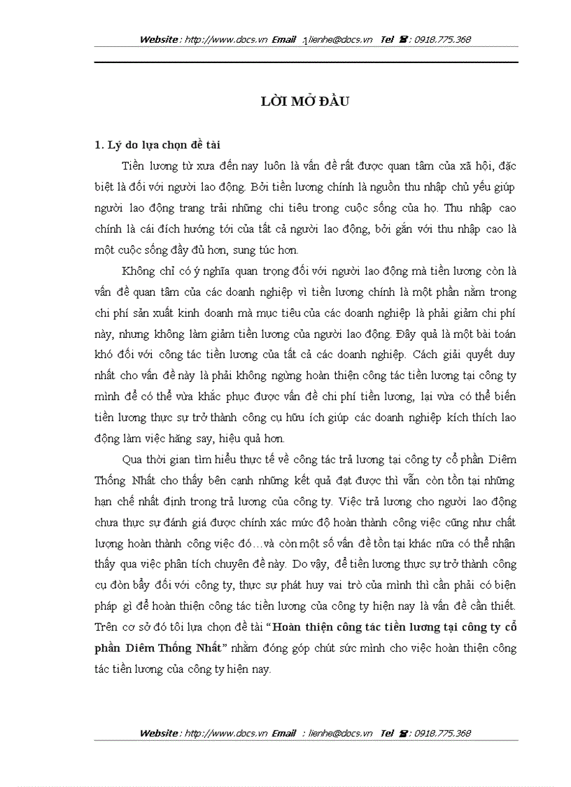 Hoàn thiện công tác tiền lương tại công ty cổ phần Diêm Thống Nhất