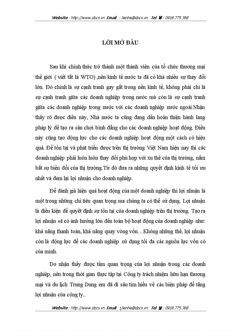 Các biện pháp tăng lợi nhuận tại công ty Trách nhiệm hũu hạn thương mại và du lịch Trung Dũng