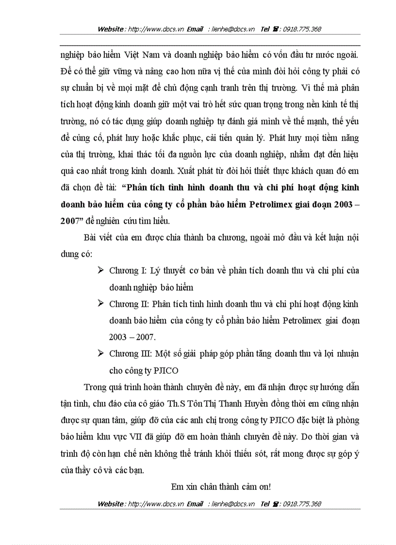 Phân tích tình hình doanh thu và chi phí hoạt động kinh doanh bảo hiểm của công ty cổ phần bảo hiểm Petrolimex giai đoạn 2003 2007