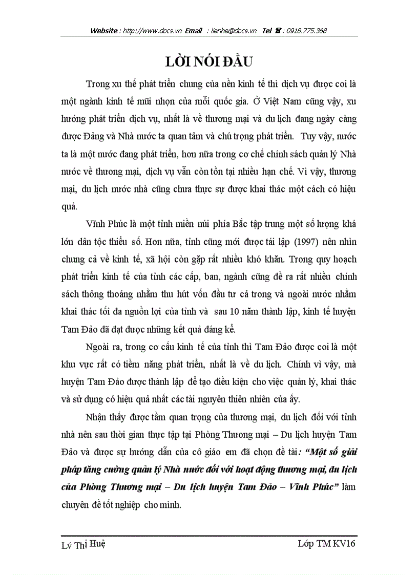 Một số giải pháp tăng cường quản lý Nhà nước đối với hoạt động thương mại du lịch của Phòng Thương mại Du lịch huyện Tam Đảo Vĩnh Phúc