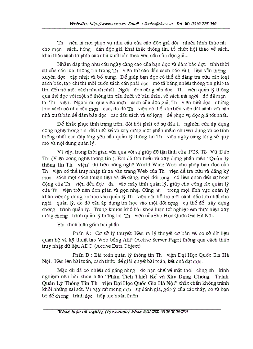 Phân Tích Thiết Kế và Xây Dựng Chương Trình Quản Lý Thông Tin Thư viện Đại Học Quốc Gia Hà Nội