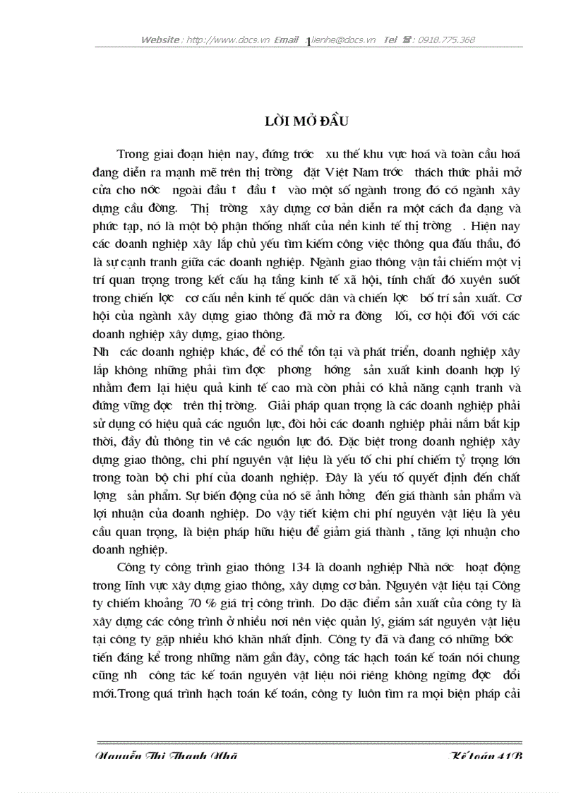 image for page Hoàn thiện hạch toán kế toán nguyên vật liệu với việc nâng cao hiệu quả sử dụng vốn lưu động tại Công ty CTGT 134