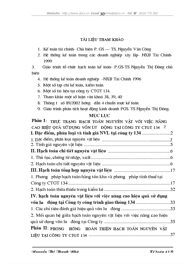 image for page Hoàn thiện hạch toán kế toán nguyên vật liệu với việc nâng cao hiệu quả sử dụng vốn lưu động tại Công ty CTGT 134