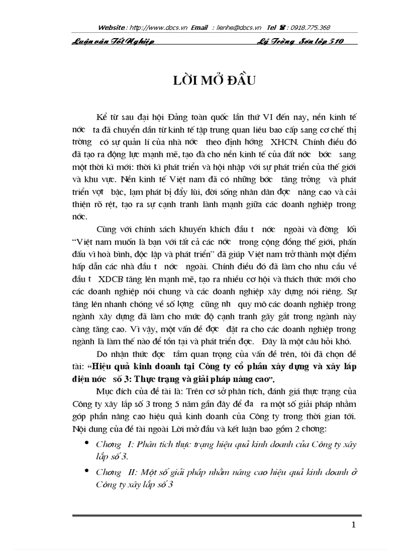 image for page Hiệu quả kinh doanh tại Công ty cổ phần xây dựng và xây lắp điện nước số 3 Thực trạng và giải pháp nâng cao
