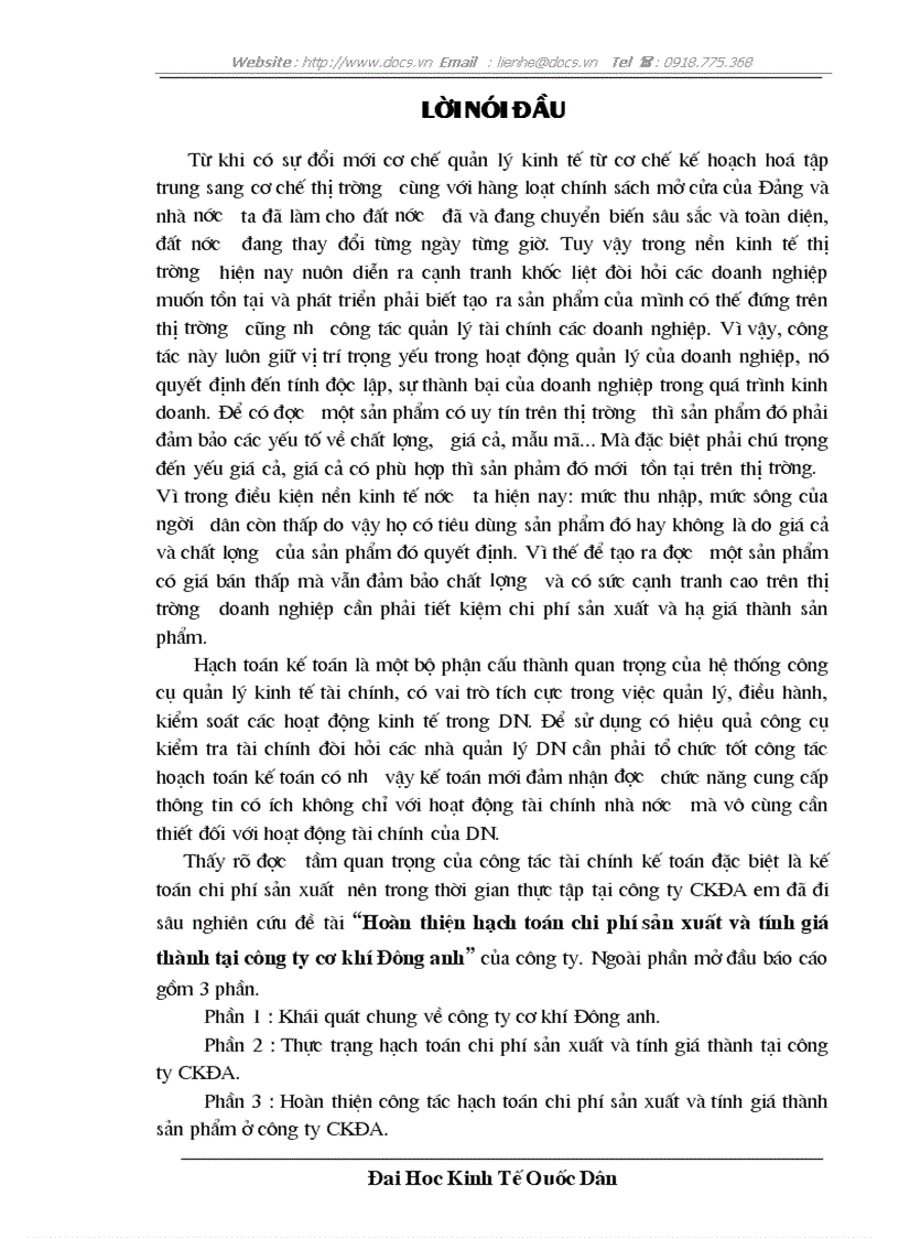 image for page Hoàn thiện hạch toán chi phí sản xuất và tính giá thành tại công ty cơ khí Đông anh