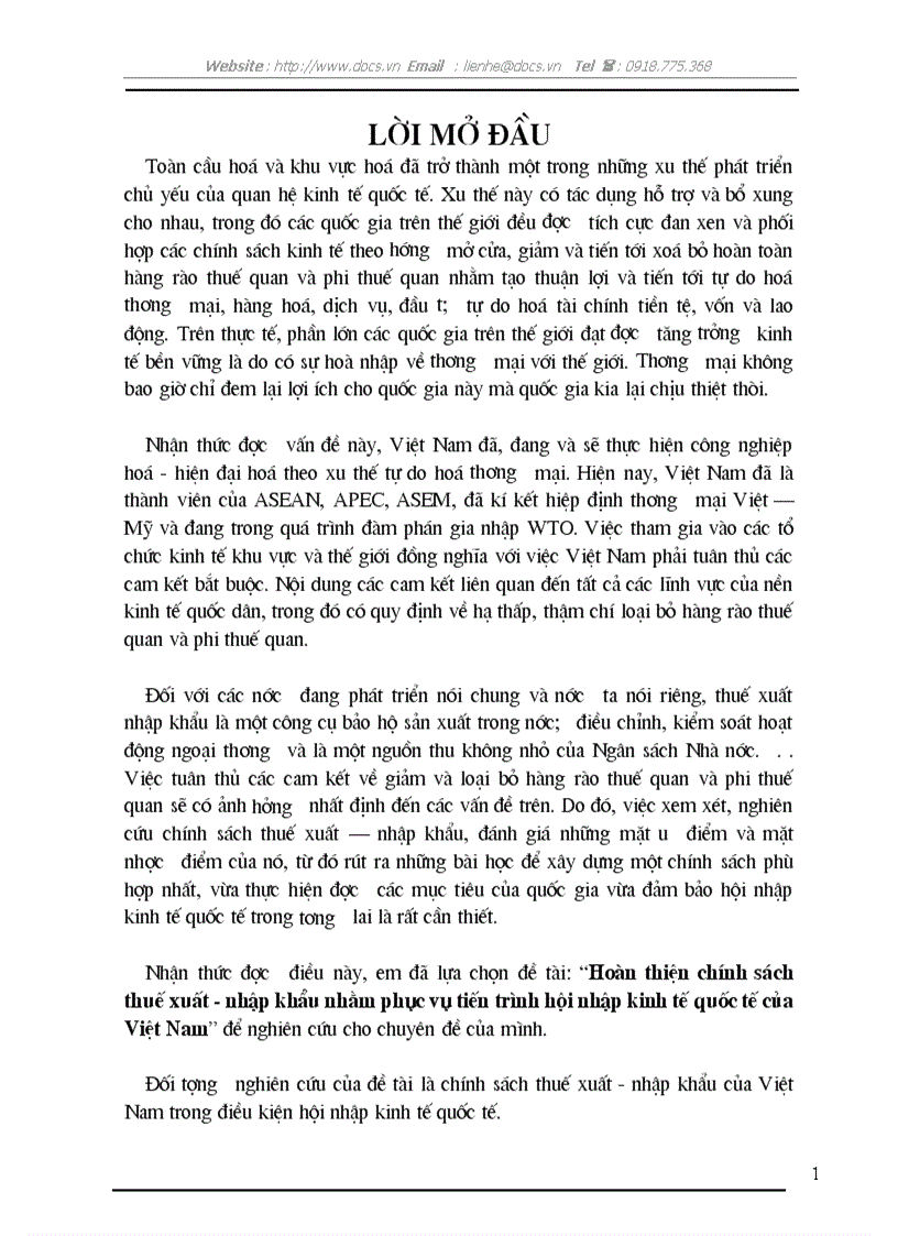Hoàn thiện chính sách thuế xuất nhập khẩu nhằm phục vụ tiến trình hội nhập kinh tế quốc tế của Việt Nam
