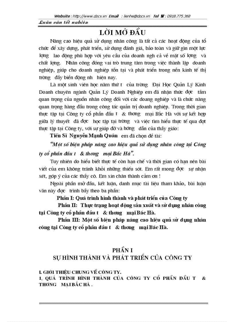 Một số biện pháp nâng cao hiệu quả sử dụng nhân công tại Công ty cổ phần đầu tư thương mại Bắc Hà