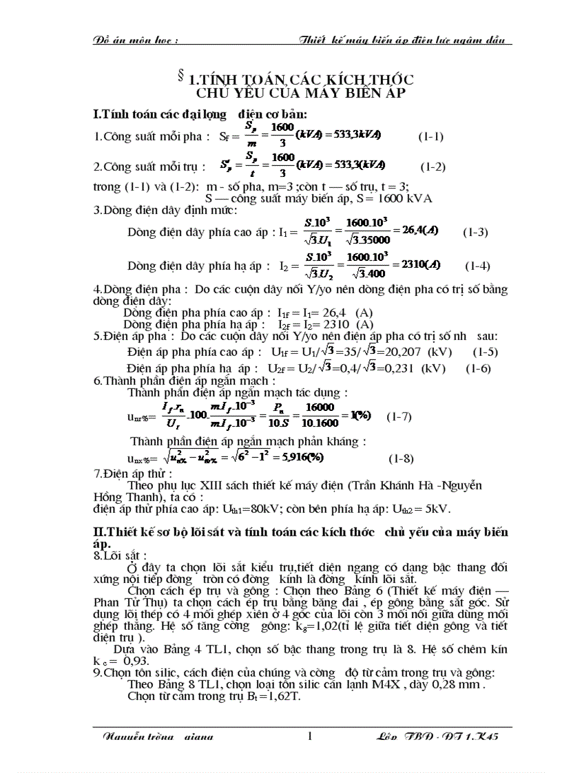 image for page Thiết kế một máy biến áp điện lực ngâm dầu công suất 1600 kVA