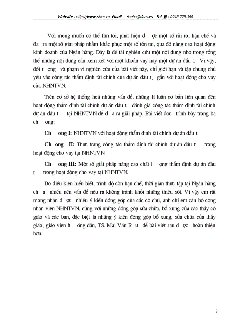 image for page Nâng cao chất lượng thẩm định tài chính dự án đầu tư trong hoạt động cho vay tại ngânhàng NHTMCP Ngoại Thương VietcomBank VN