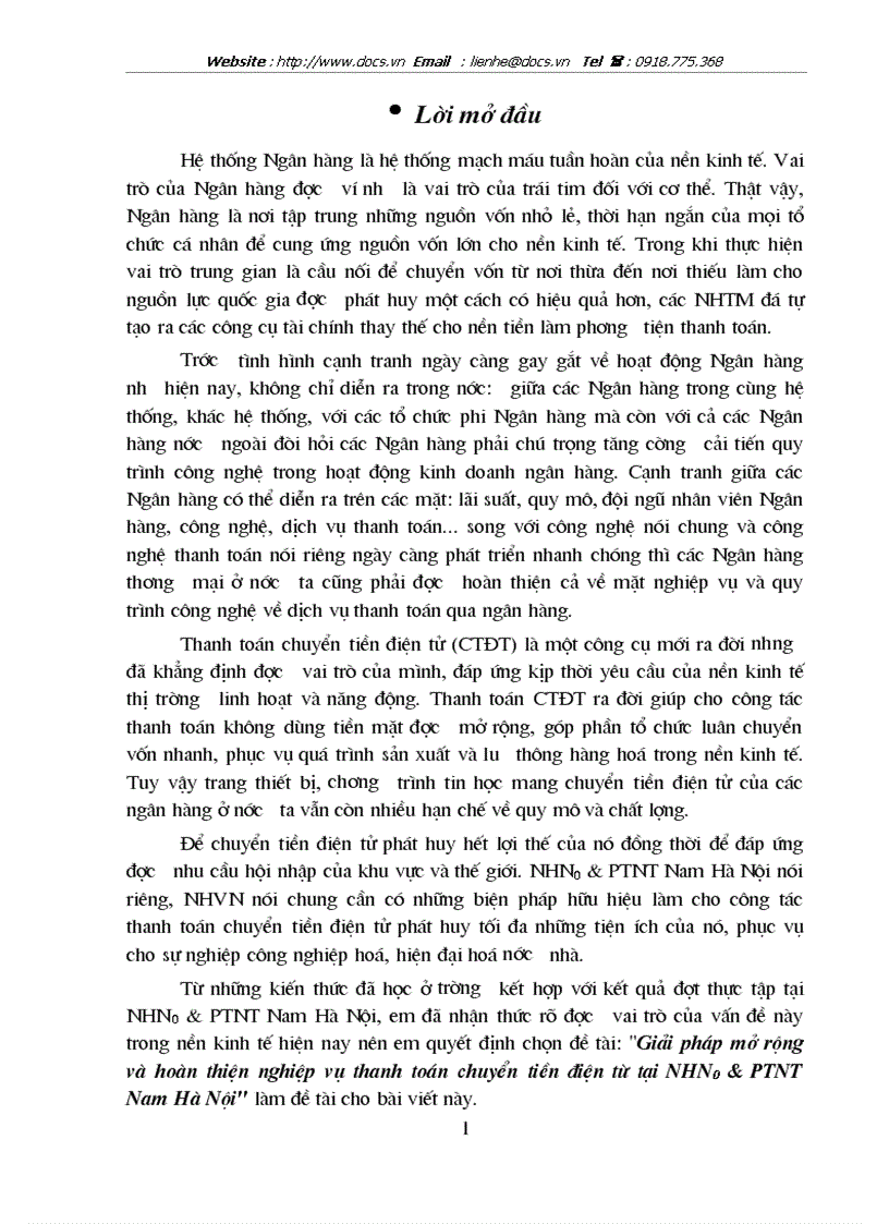 Giải pháp mở rộng hoàn thiện nghiệp vụ thanh toán chuyển tiền điện từ tại ngânhàng NHNo PTNT AgriBank Nam Hà Nội