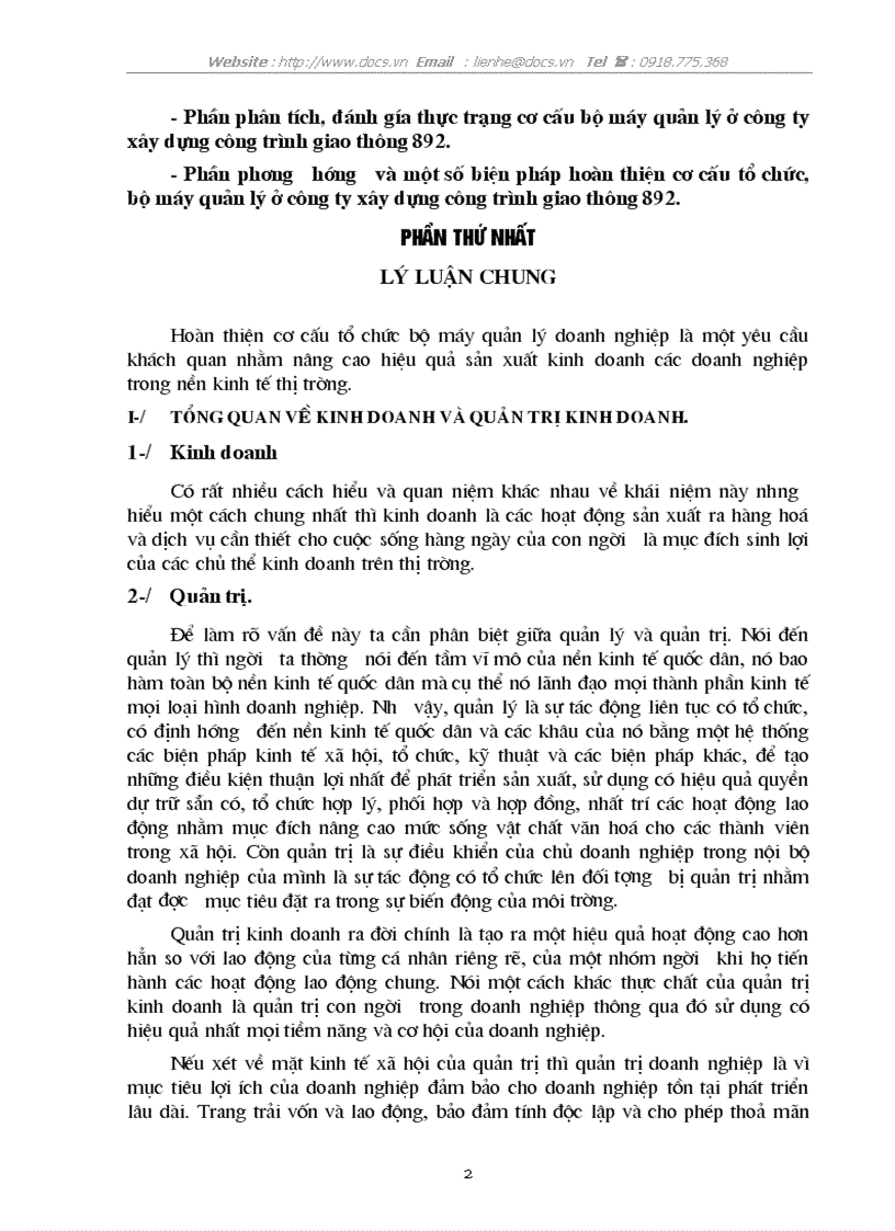 Hoàn thiện cơ cấu tổ chức bộ máy quản lý Doanh nghiệp ở Công ty xây dựng công trình giao thông 892