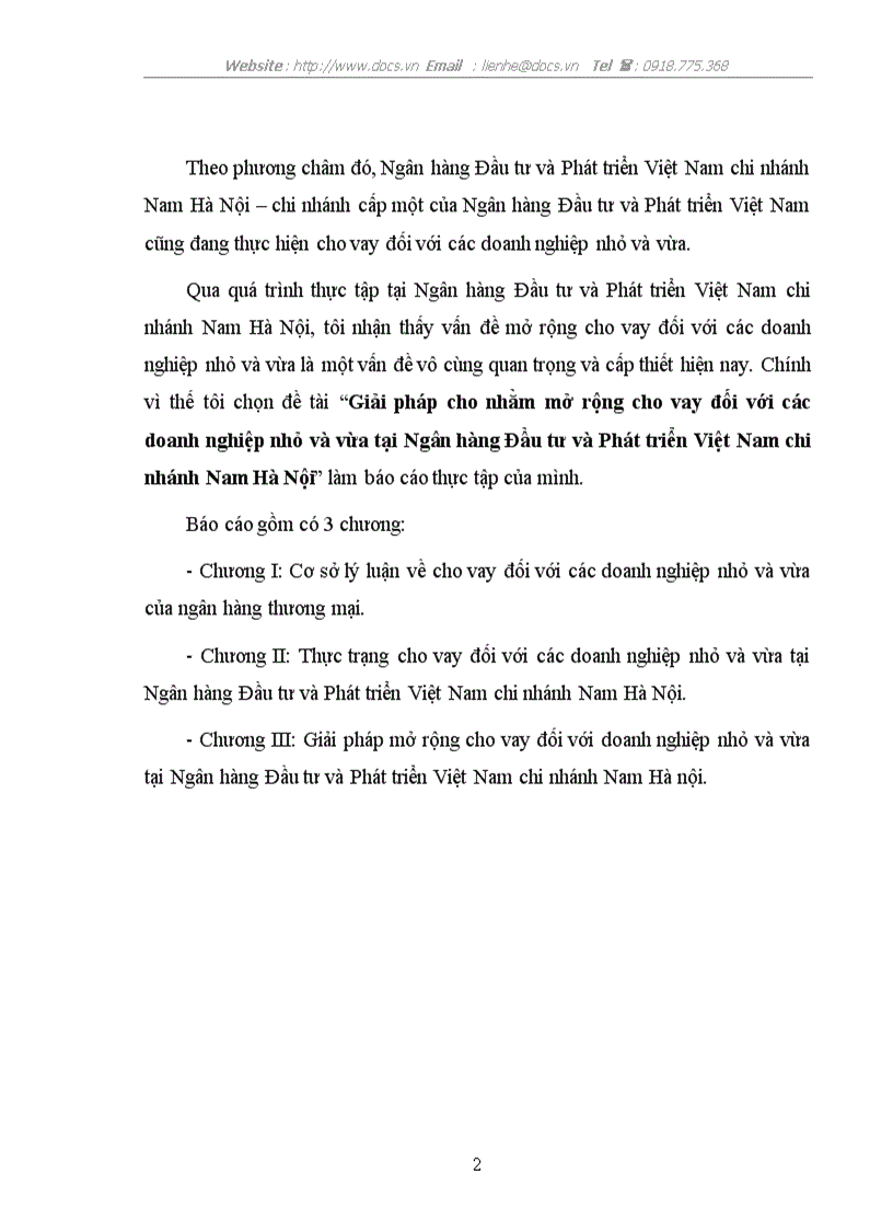 Giải pháp cho nhằm mở rộng cho vay đối với các doanh nghiệp nhỏ và vừa tại Ngân hàng Đầu tư và Phát triển Việt Nam chi nhánh Nam Hà Nội