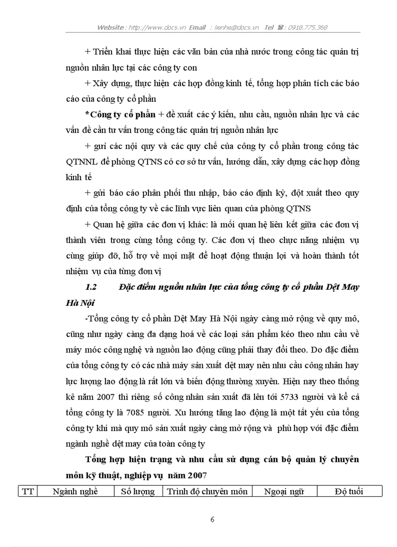 image for page Cơ cấu tổ chức và chức năng nhiệm vụ của các nhân viên trong phòng quản trị nhân sự Tổng Công ty CP dệt may Hà NộI