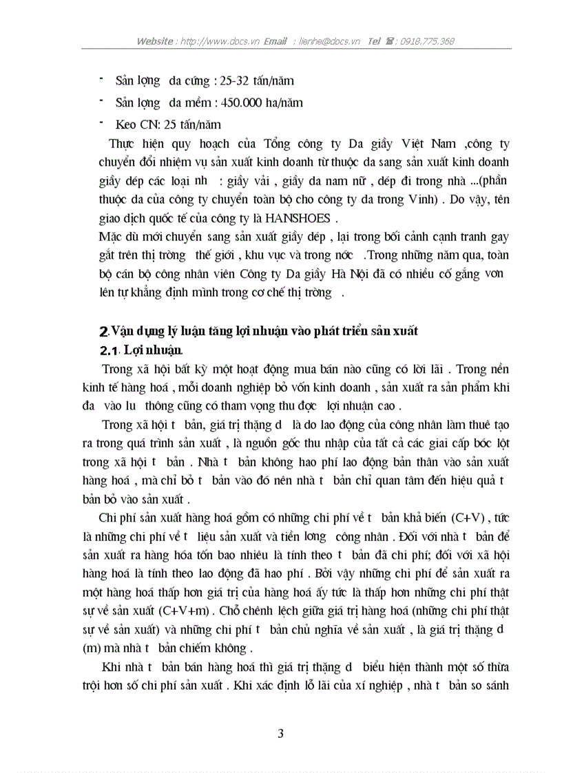 Vận dụng lý luận tăng lợi nhuận để phân tích thực tế về phát triển sản xuất ở công ty Da giầy Hà Nội