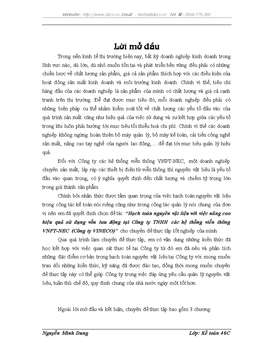 image for page Hạch toán nguyên vật liệu với việc nâng cao hiệu quả sử dụng vốn lưu động tại Công ty TNHH các hệ thống viễn thông VNPT NEC Công ty VINECO