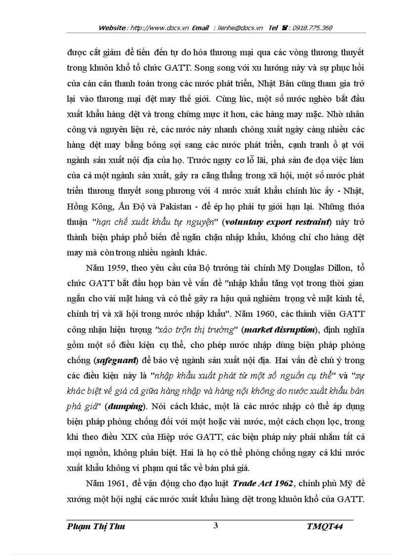 Tác động của việc chấm dứt của hiệp định dệt may trong khuôn khổ WTO đối với hoạt động xuất nhập khẩu của công ty TNHH Thương mại quốc tế Việt Phượng
