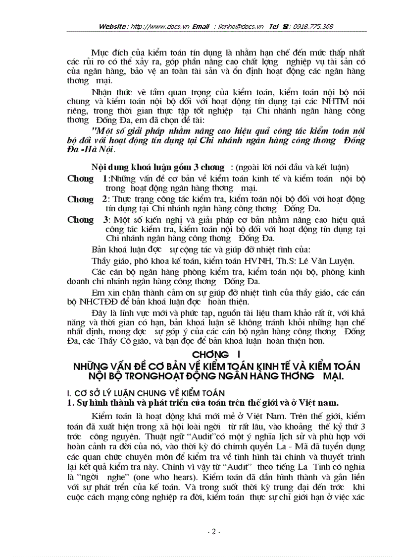 Một số giải pháp nhằm nâng cao hiệu quả công tác kiểm toán nội bộ đối với hoạt động tín dụng tại Chi nhánh ngân hàng công thương Đống Đa Hà Nội