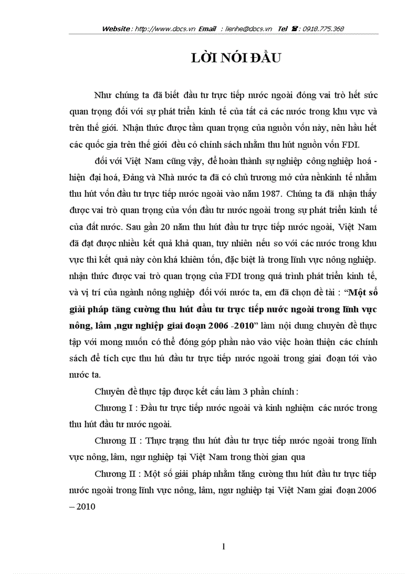 Một số giải pháp tăng cường thu hút đầu tư trực tiếp nước ngoài trong lĩnh vực nông lâm ngư nghiệp giai đoạn 2006 2010