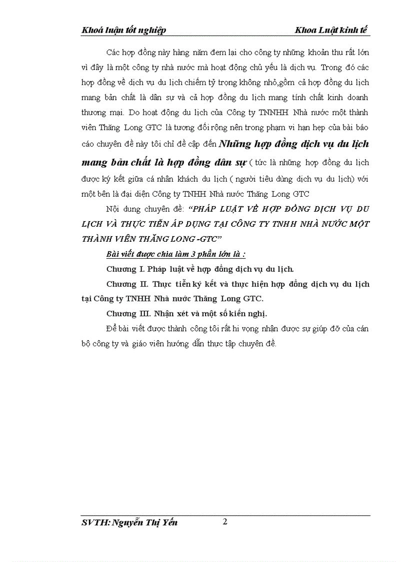 Pháp luật về hợp đồng du lịch và thực tiễn áp dụng tại công ty TNHH nhà nước một thành viên Thăng Long GTC