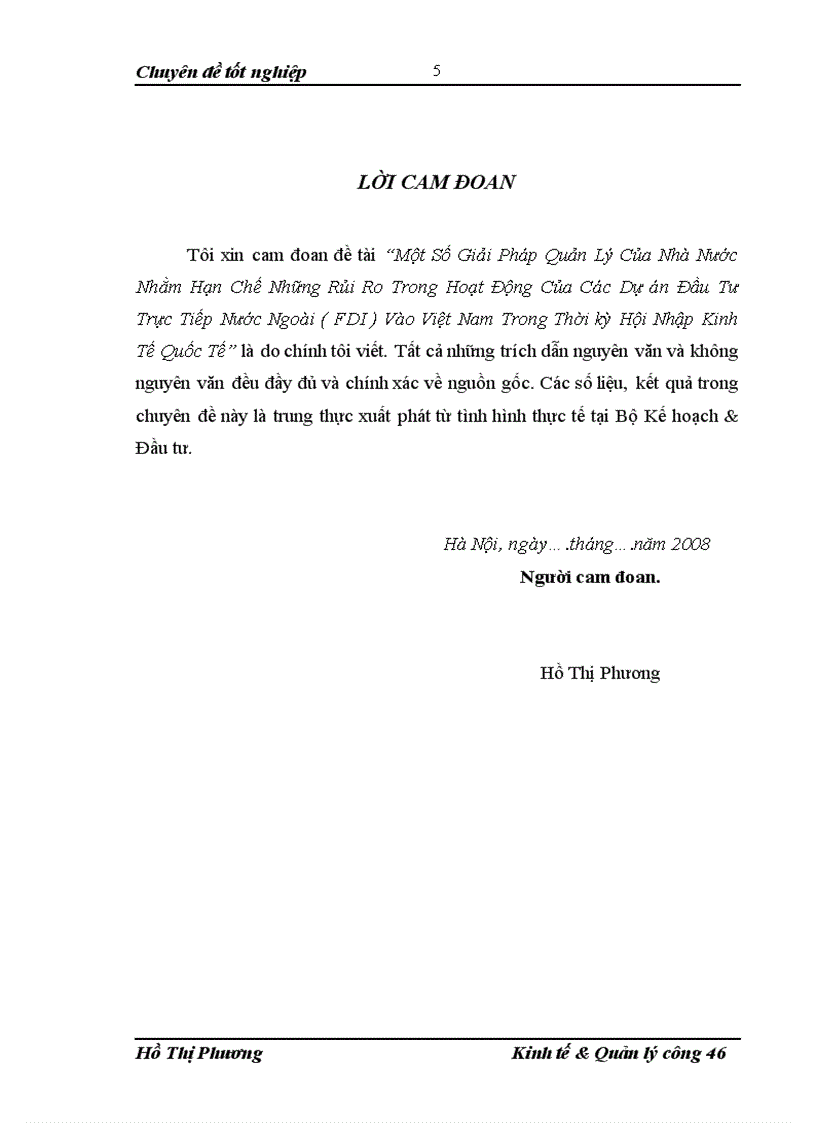 Một số giải pháp quản lý Nhà Nước nhằm hạn chế những rủi ro trong hoạt động của các dự án đầu tư trực tiếp nước ngoài FDI vào Việt Nam trong thời kỳ