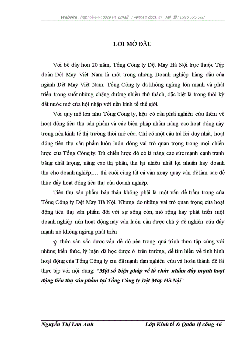 Một số biện pháp về tổ chức nhằm đẩy mạnh hoạt động tiêu thụ sản phẩm tại Tổng Công ty Dệt May Hà Nội