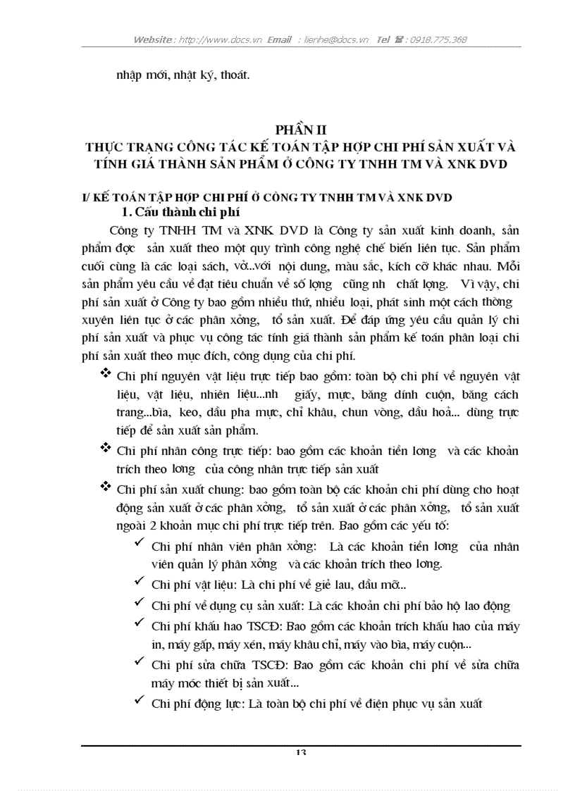image for page Hoàn thiện Công Tác Kế toán hạch toán chi phí sản xuất và tính giá thành sản phẩm tại Công ty TNHH TM và XNK DVD