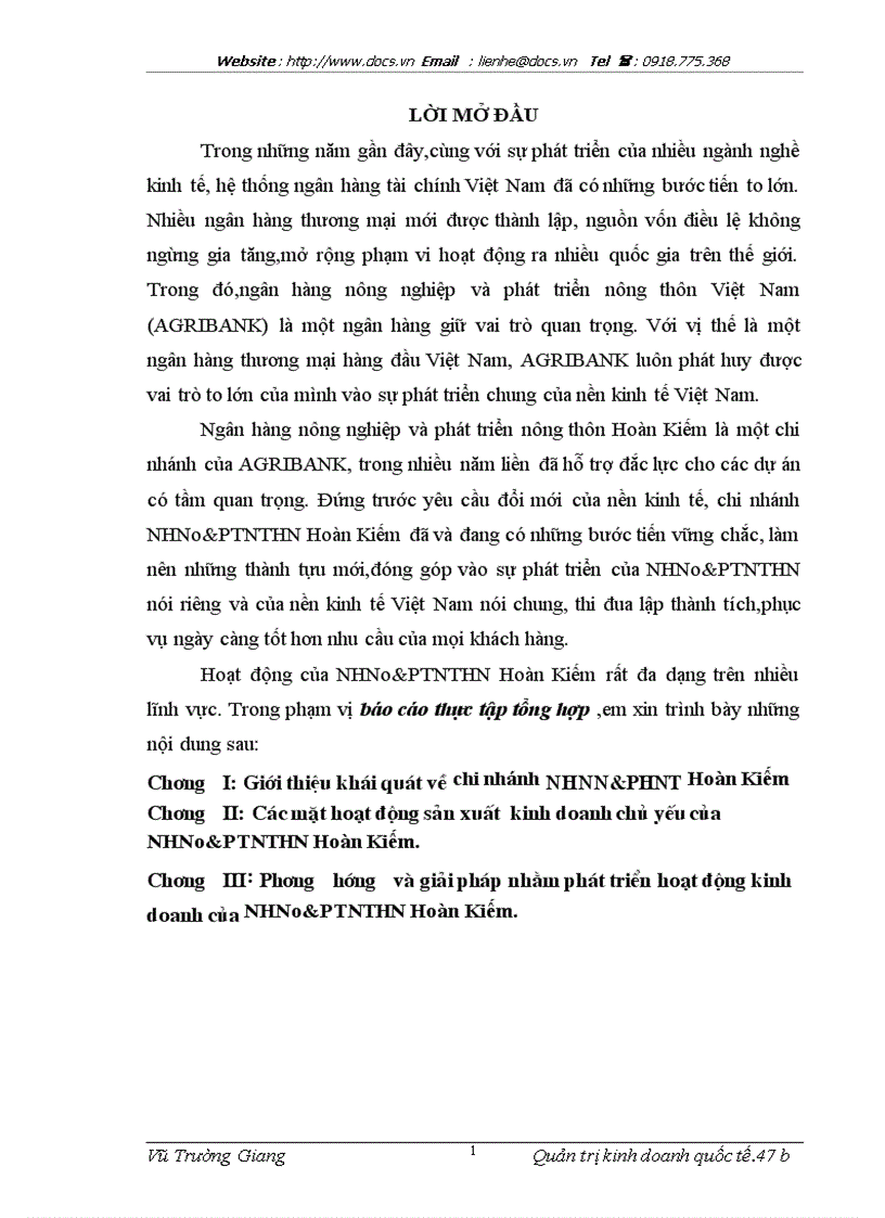 Báo cáo Tại ngânhàng NHNo PTNT AgriBank HN Hoàn Kiếm lt NHa gt
