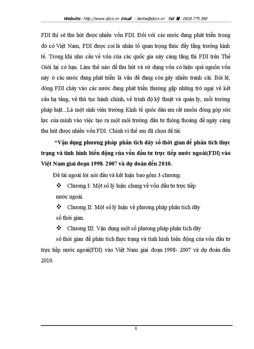 Vận dụng phương pháp phân tích dãy số thời gian để phân tích thực trạng và tình hình biến động của FDI vào VN