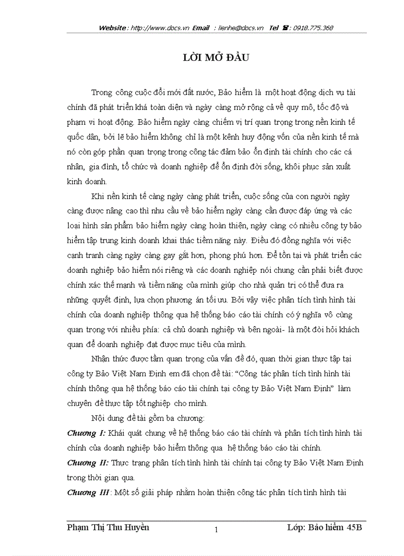 Công tác phân tích tình hình tài chính thông qua hệ thống báo cáo tài chính tại công ty Bảo Việt Nam Định