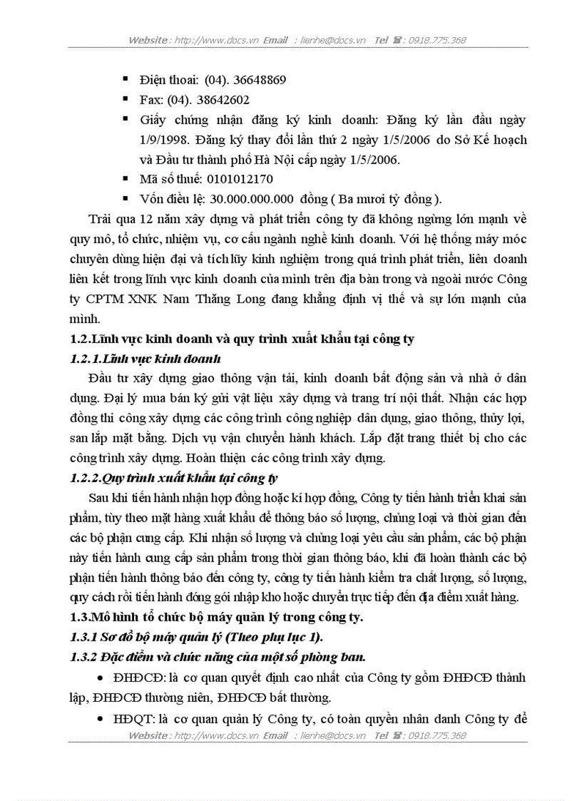 Báo cáo thưc tập tổng hợp Tại Công ty CP thương mại XNK Nam Thăng Long