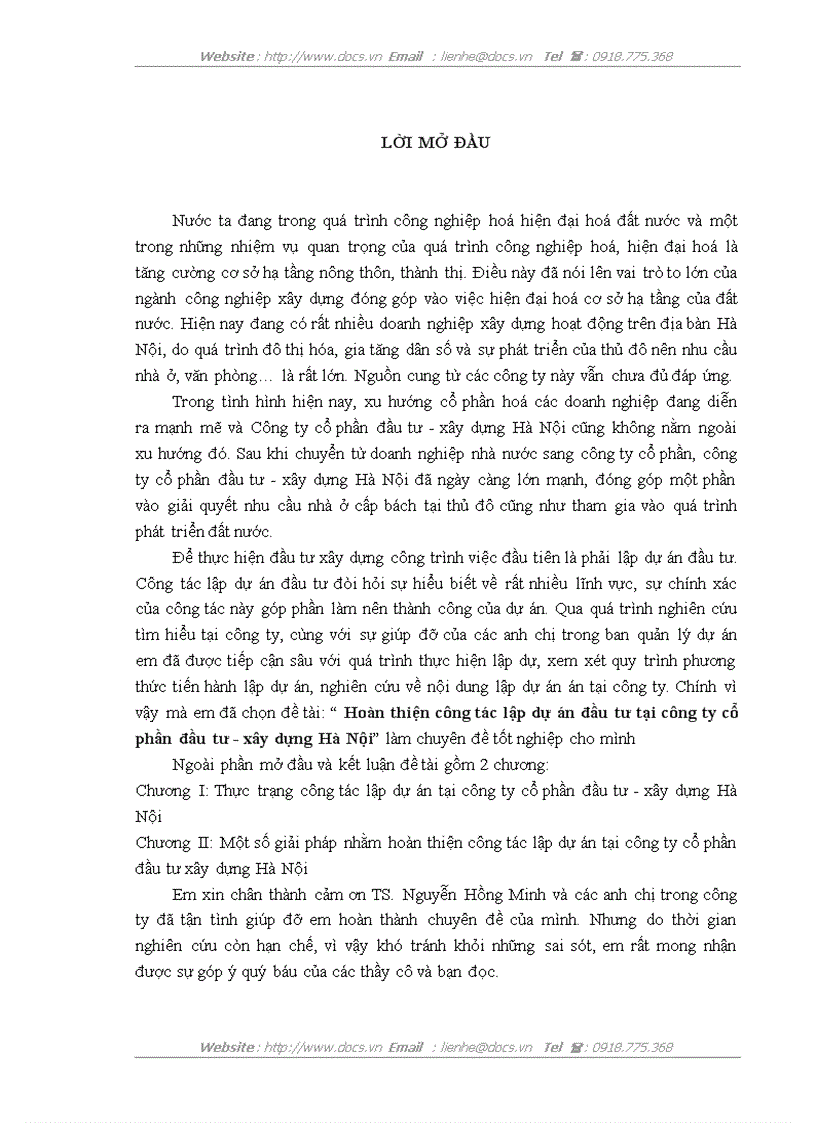 image for page Hoàn thiện công tác lập dự án tại công ty cổ phần đầu tư xây dựng Hà Nội