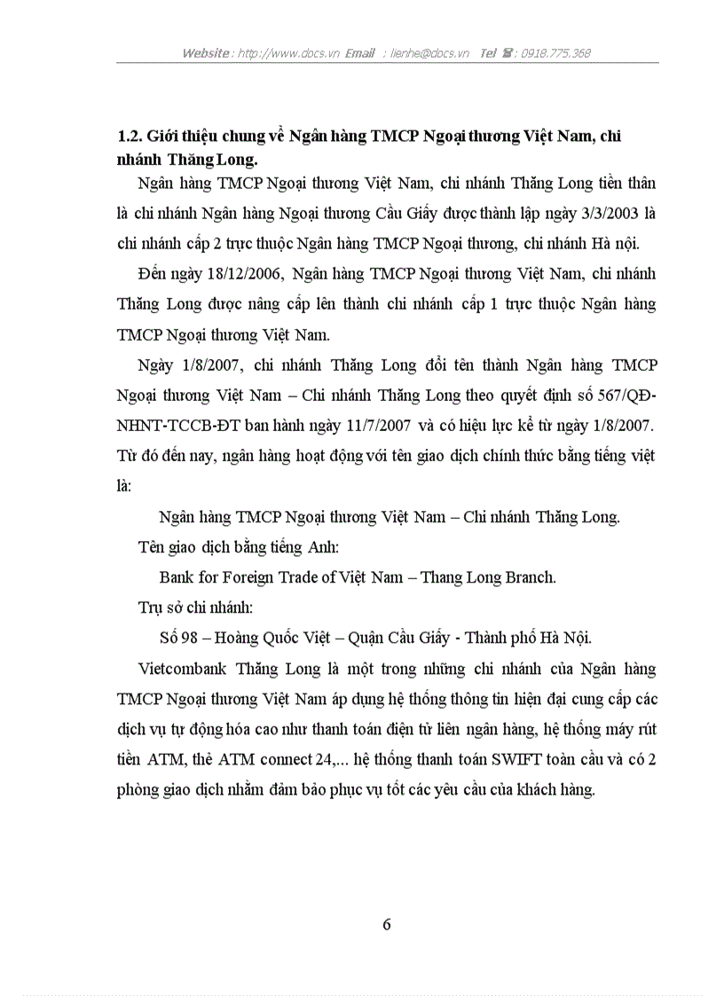 Báo cáo tổng hợpTại ngânhàng NHTMCP Ngoại thương Việt Nam Vietcombank Chi nhánh Thăng Long