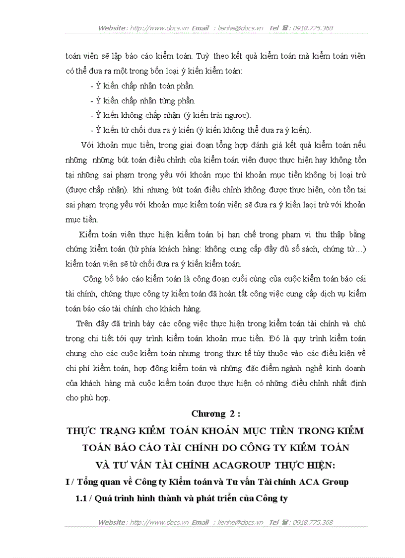 image for page Kiểm toán khoản mục tiền trong quy trình kiểm toán báo cáo tài chính do Công ty Kiểm toán và Tư vấn Tài chinh ACAGroup thực hiện