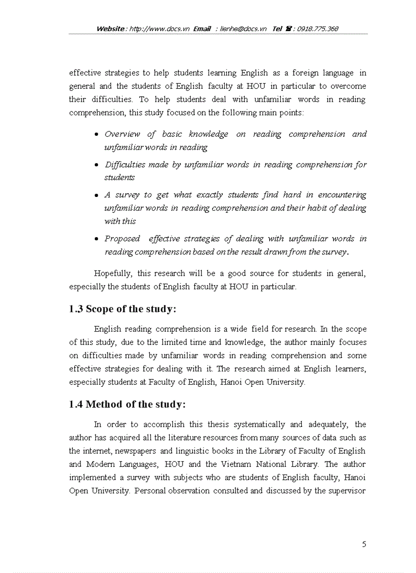 Some strategies for dealing with unfamiliar words in reading comprehension for students of English faculty Hanoi open university