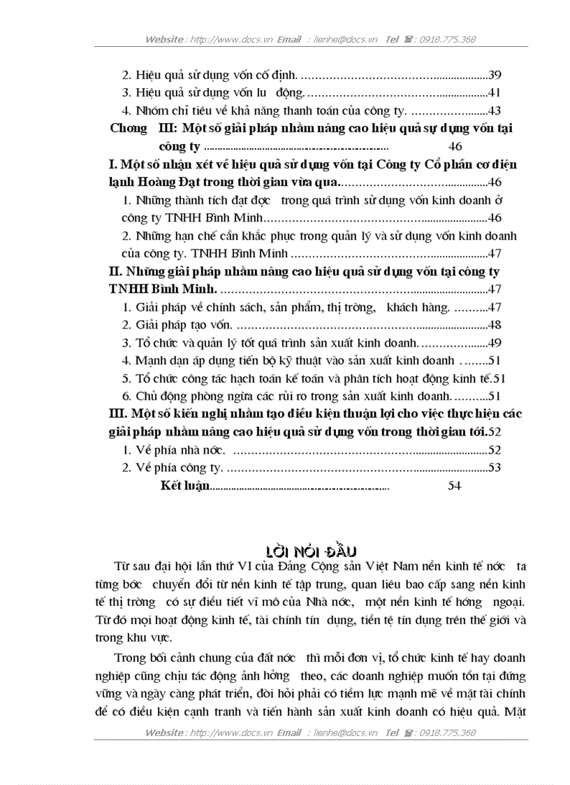 Một số giải pháp nhằm nâng cao hiệu quả sử dụng vốn tại Công ty Cổ phần cơ điện lạnh Hoàng Đạt
