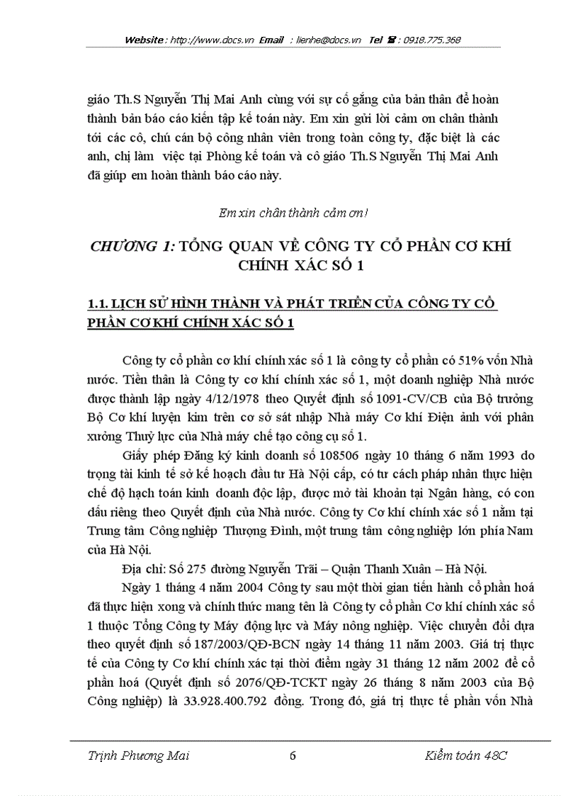 image for page Thực trạng tổ chức kế toán tại Công ty CP Cơ khí chính xác số 1 lt kiến tập gt