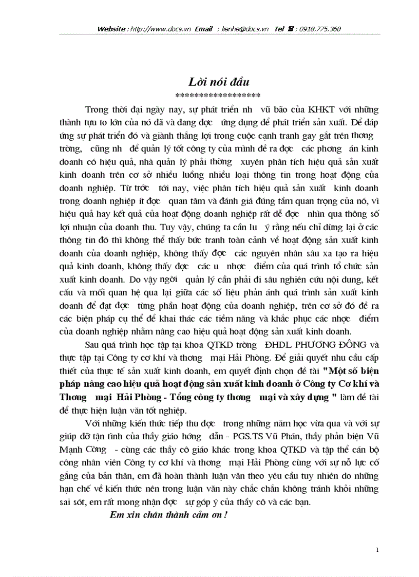 Một số biện pháp nâng cao hiệu quả hoạt động sản xuất kinh doanh ở Công ty Cơ khí và Thương mại Hải Phòng Tổng công ty thương mại và xây dựng