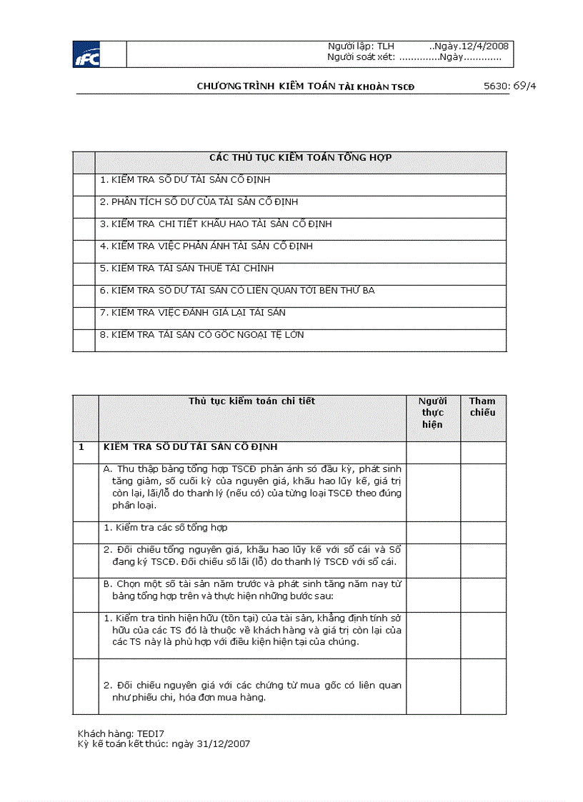 image for page Quy trình kiểm toán khoản mục Tài sản cố định trong kiểm toán báo cáo tài chính do Công ty TNHH kiểm toán và tư vấn tài chính quốc tế IFC thực hiện