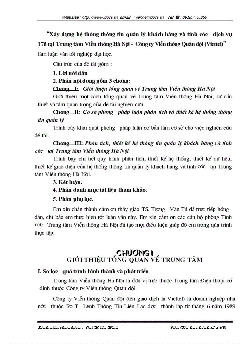 image for page Xây dựng hệ thống thông tin quản lý khách hàng và tính cước dịch vụ 178 tại Trung tâm Viễn thông Hà Nội Công ty Viễn thông Quân đội Viettel