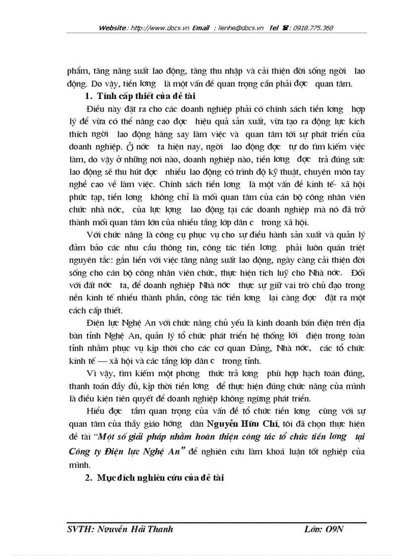 1số giải pháp nhằm hoàn thiện công tác tổ chức tiền lương tại Công ty Điện Lực Nghệ An