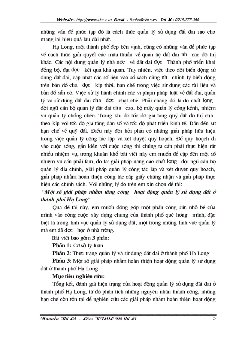 1số giải pháp nhằm tăng cường hoạt động quản lý sử dụng đất ở thành phố Hạ Long