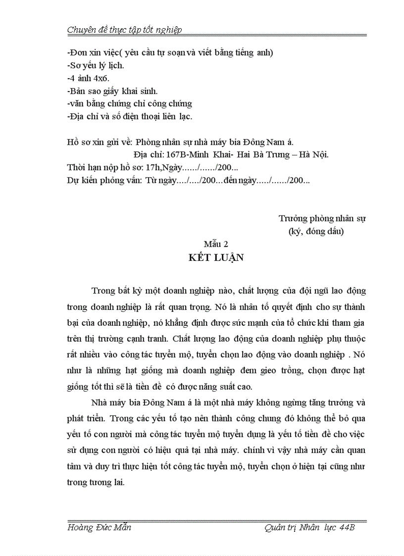 image for page Hoàn thiện công tác tuyển mộ tuyển chọn nhân lực tại nhà máy bia Đông Nam Á