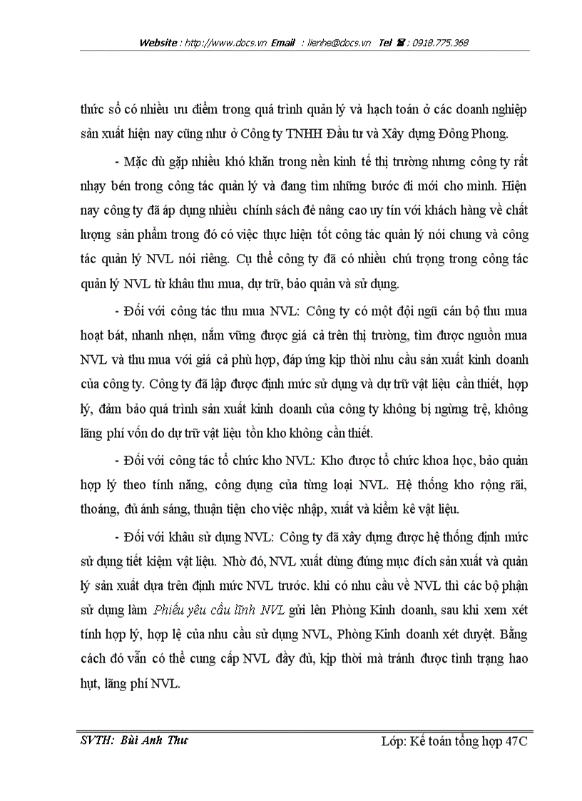 image for page Hoàn thiện công tác kế toán nguyên vật liệu tại Công ty TNHH Đầu tư và Xây dựng Đông Phong