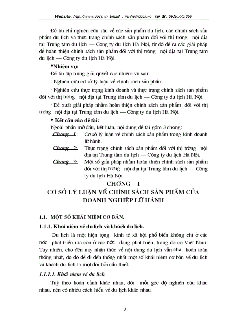 Thực trạng chính sách sản phẩm đối với thị trường nội địa tại Trung tâm du lịch Công ty du lịch Hà Nội