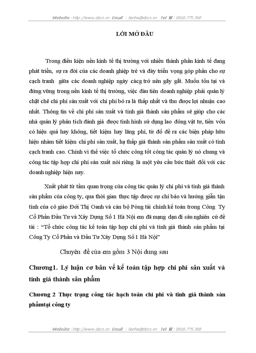 Tổ chức công tác kế toán tập hợp chi phí và tính giá thành sản phẩm tại Công Ty Cổ Phần và Đầu Tư Xây Dựng Số 1 Hà Nội